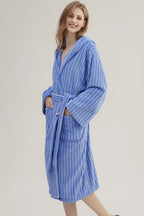 Blue Retro Hooded Stripe Bathrobe, 100% ORGANIC Long-stapled Cotton-0