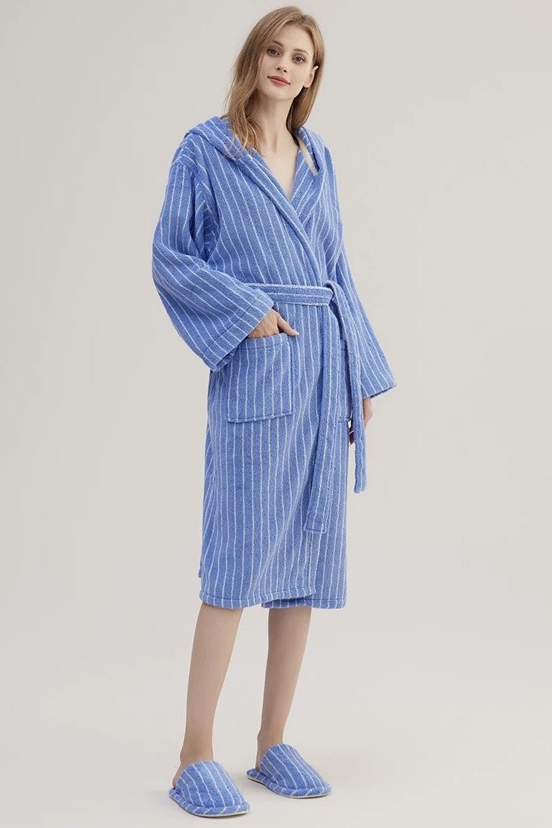 Blue Retro Hooded Stripe Bathrobe, 100% ORGANIC Long-stapled Cotton-1