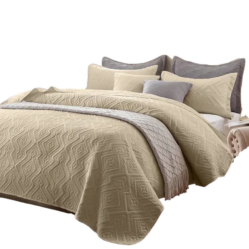 Beige Microfiber 3-Piece 150GSM Bedspread Set - Queen Size-0