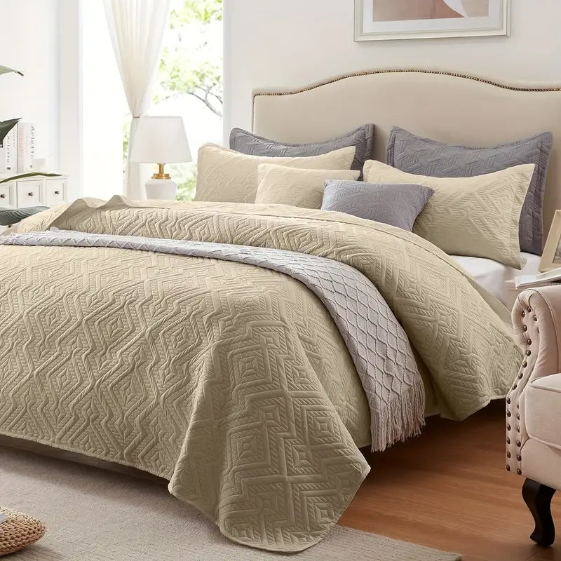 Beige Microfiber 3-Piece 150GSM Bedspread Set - King Size-1