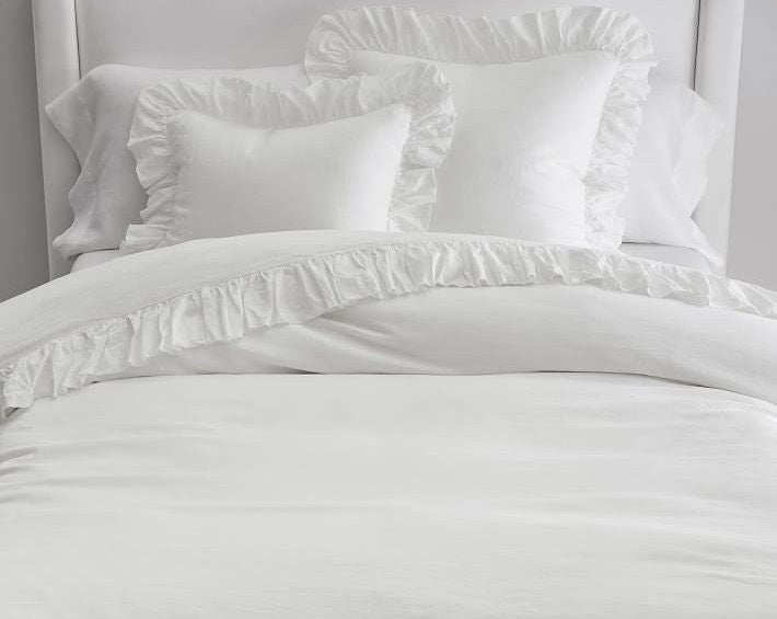 White - 100% Pure Linen | Linen Cotton Mix | 3 Piece Ruffle Duvet Cover Set | Handmade | Pre-washed | Soft-0
