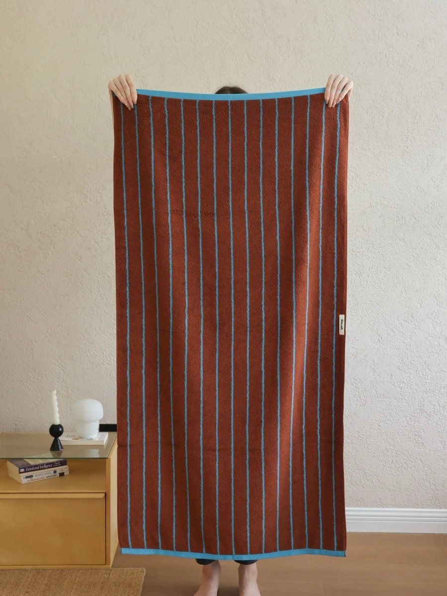 Retro Earthy-tone Pinstripe Bath Towel — 100% Long-Staple Cotton, Soft, Plush & Absorbent-5