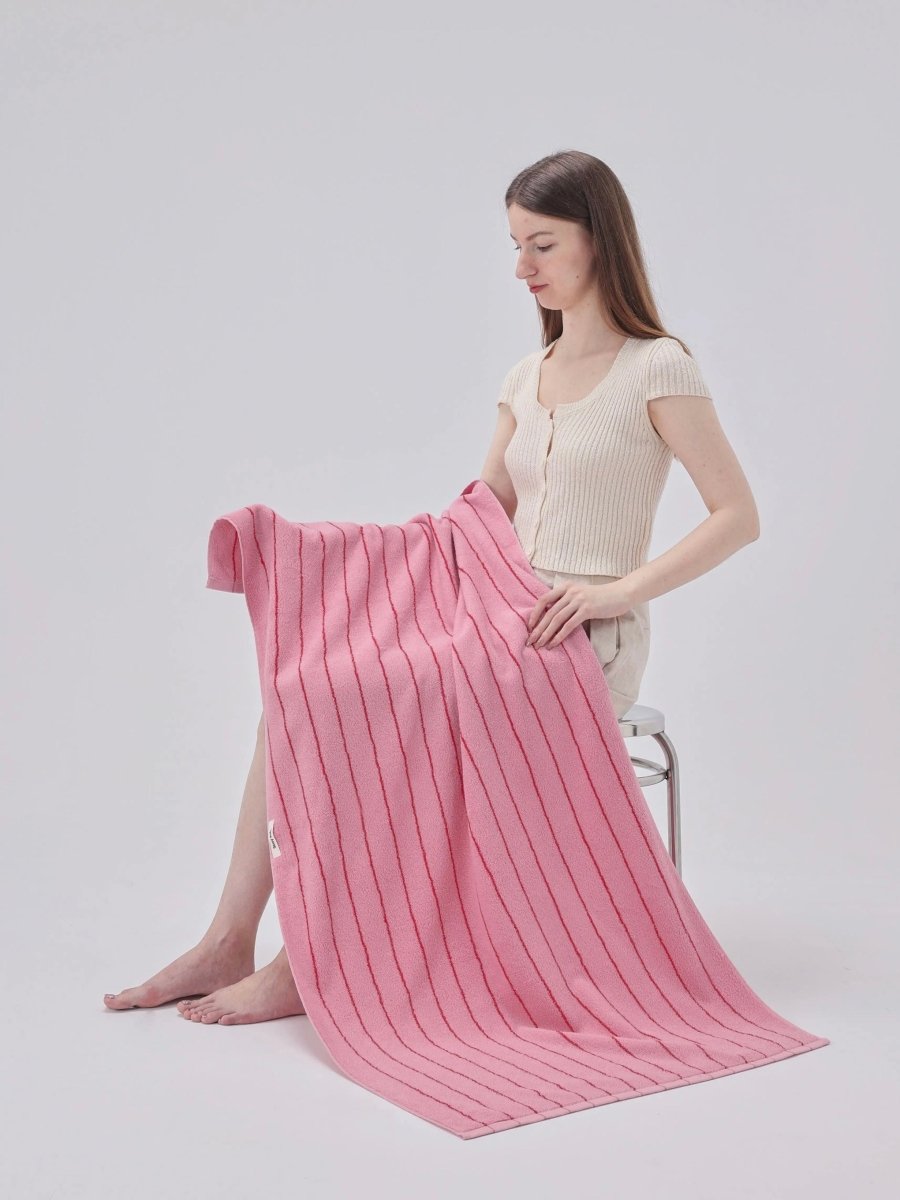 Retro Whimsical Pink Stripe Bath Towel — 100% Long-Staple Cotton, Soft, Plush & Absorbent-5