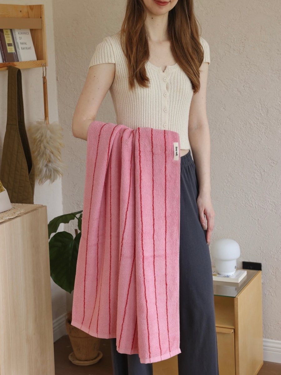 Retro Whimsical Pink Stripe Bath Towel — 100% Long-Staple Cotton, Soft, Plush & Absorbent-2