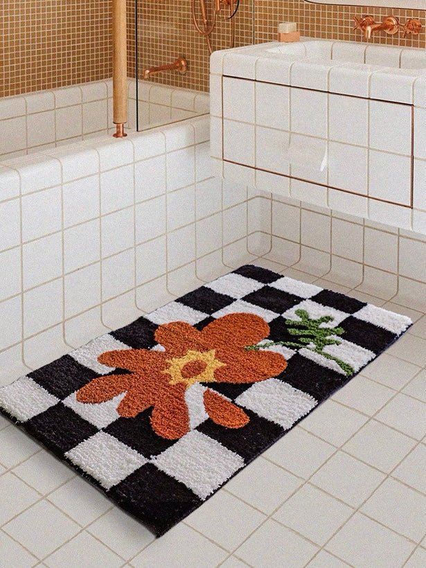 Soft Contemporary Floral Checker Bath Rug, Absorbent, Anti-slippery Mat-2