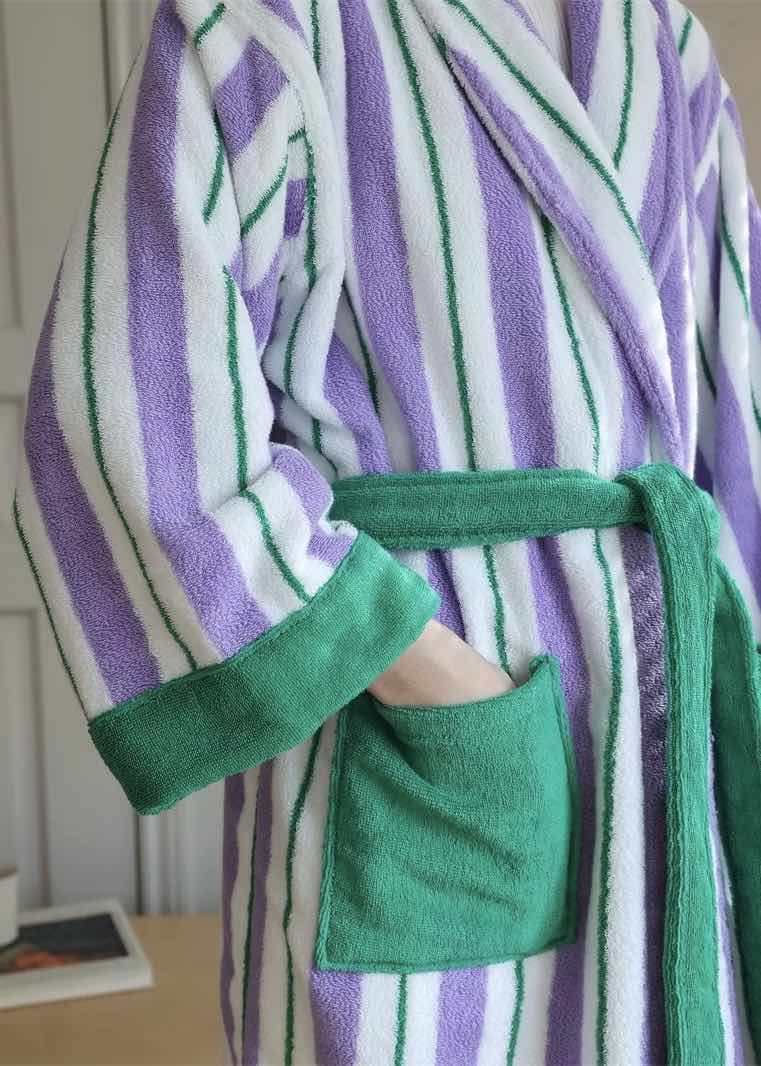 Ultra Soft Whimsical Retro Stripe Bathrobe - 100% Organic Long-stapled Cotton-4
